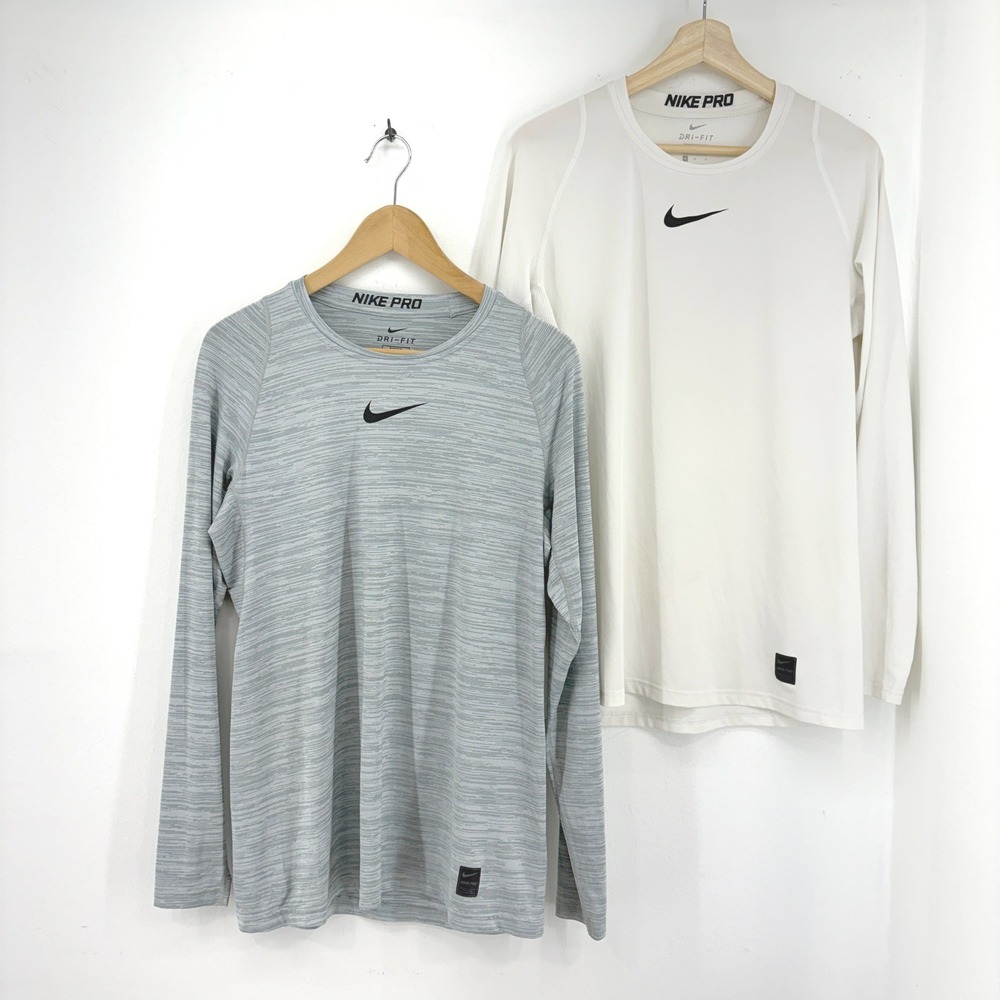 Nike Pro Dri-FIT Long Sleeve Fitted Shirts Lot of 2 Mens Medium White Gray